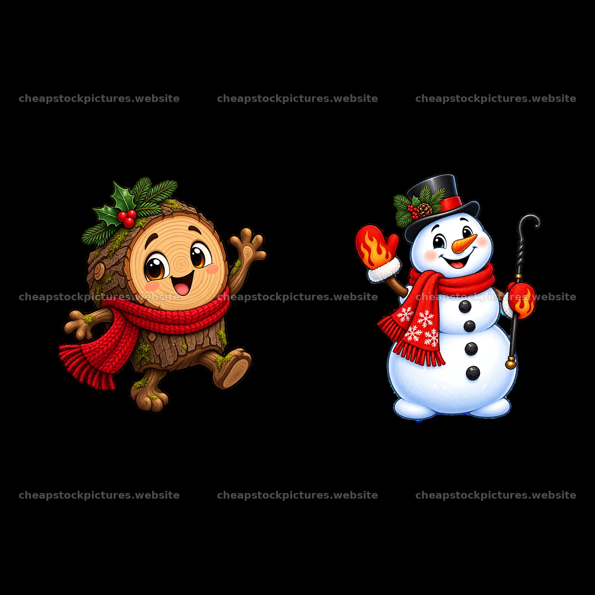 Cheerful Christmas characters with snowman and log in scarf – stock pictures 7746x7746