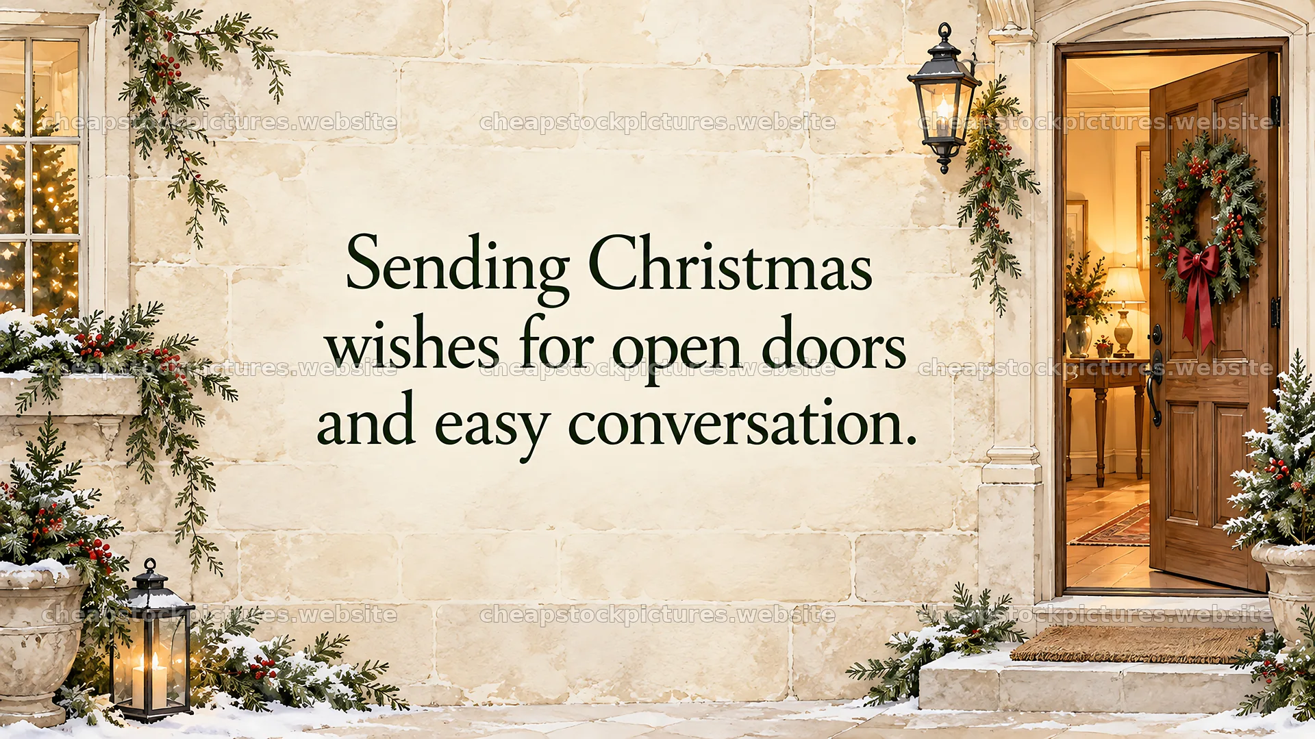 Christmas Greeting on a Snowy Stone Doorway – stock pictures 10331x5808