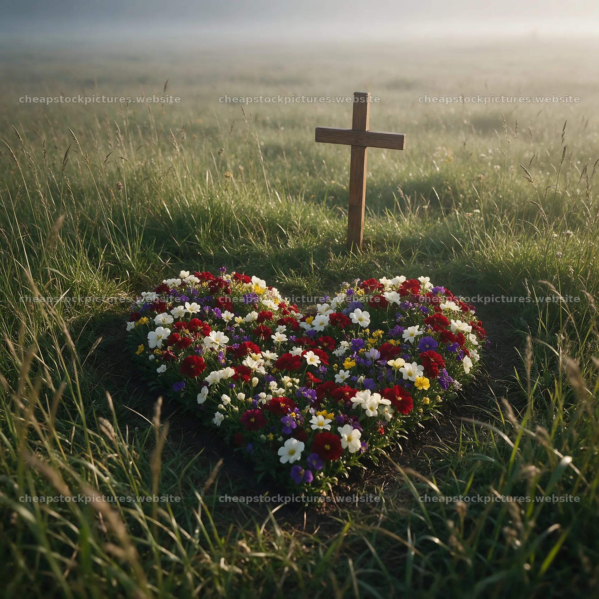 Weathered cross surrounded by flowers in misty meadow – stock pictures 7938x7938
