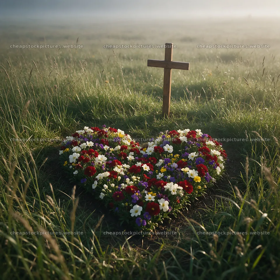 Weathered cross surrounded by flowers in misty meadow – stock pictures 7938x7938