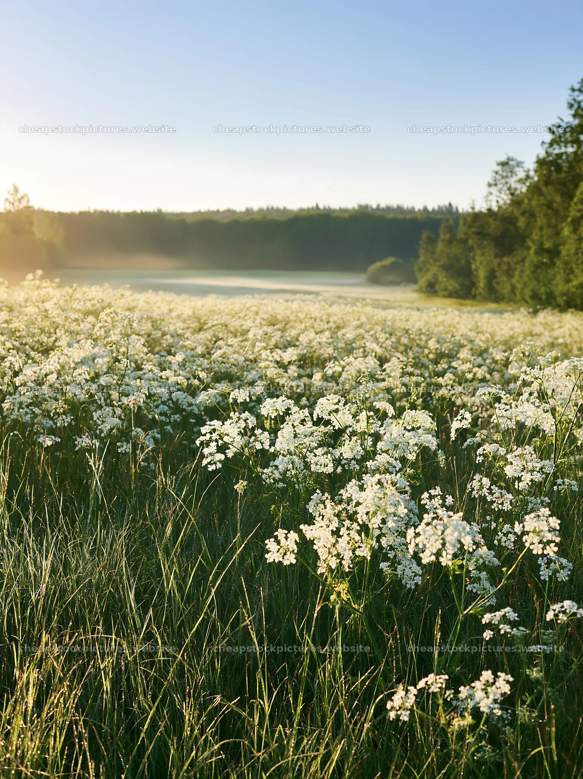 Sunny white umbel meadow under blue sky with trees – stock pictures 6866x9174