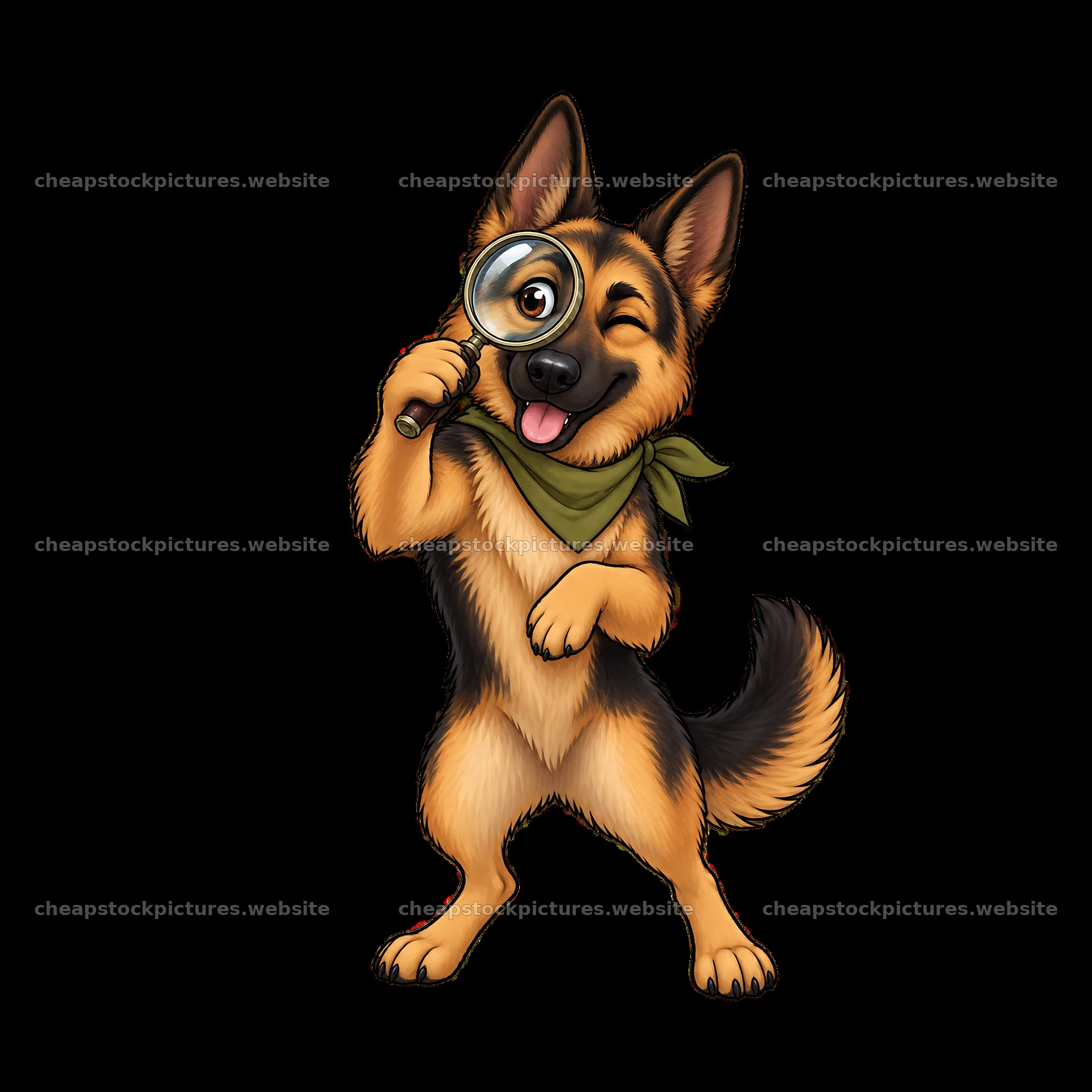 Cartoon German Shepherd dog with magnifying glass and green scarf – stock pictures 7746x7746