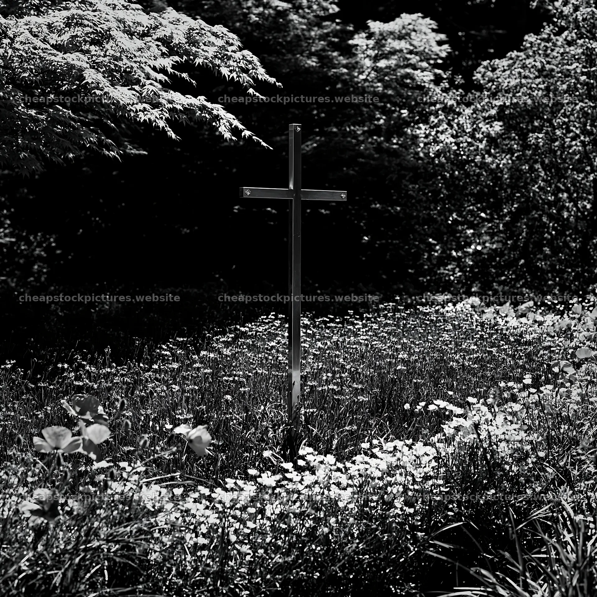 Christian cross near mineral spring meadow in black and white – stock pictures 7938x7938