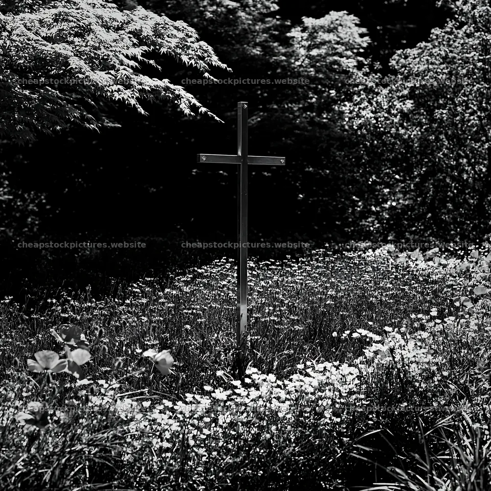 Christian cross near mineral spring meadow in black and white – stock pictures 7938x7938