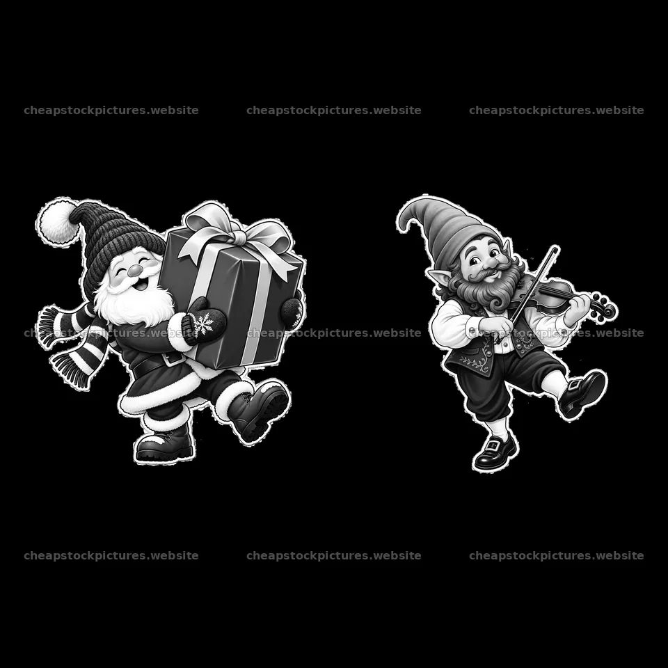 Gnome carrying a gift while another plays a violin – stock pictures 7746x7746
