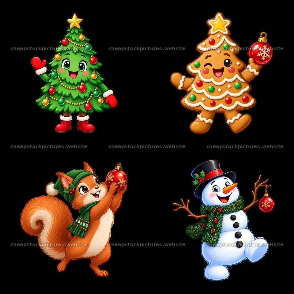 Christmas tree, snowman, gingerbread man, and squirrel with – stock pictures 7746x7746