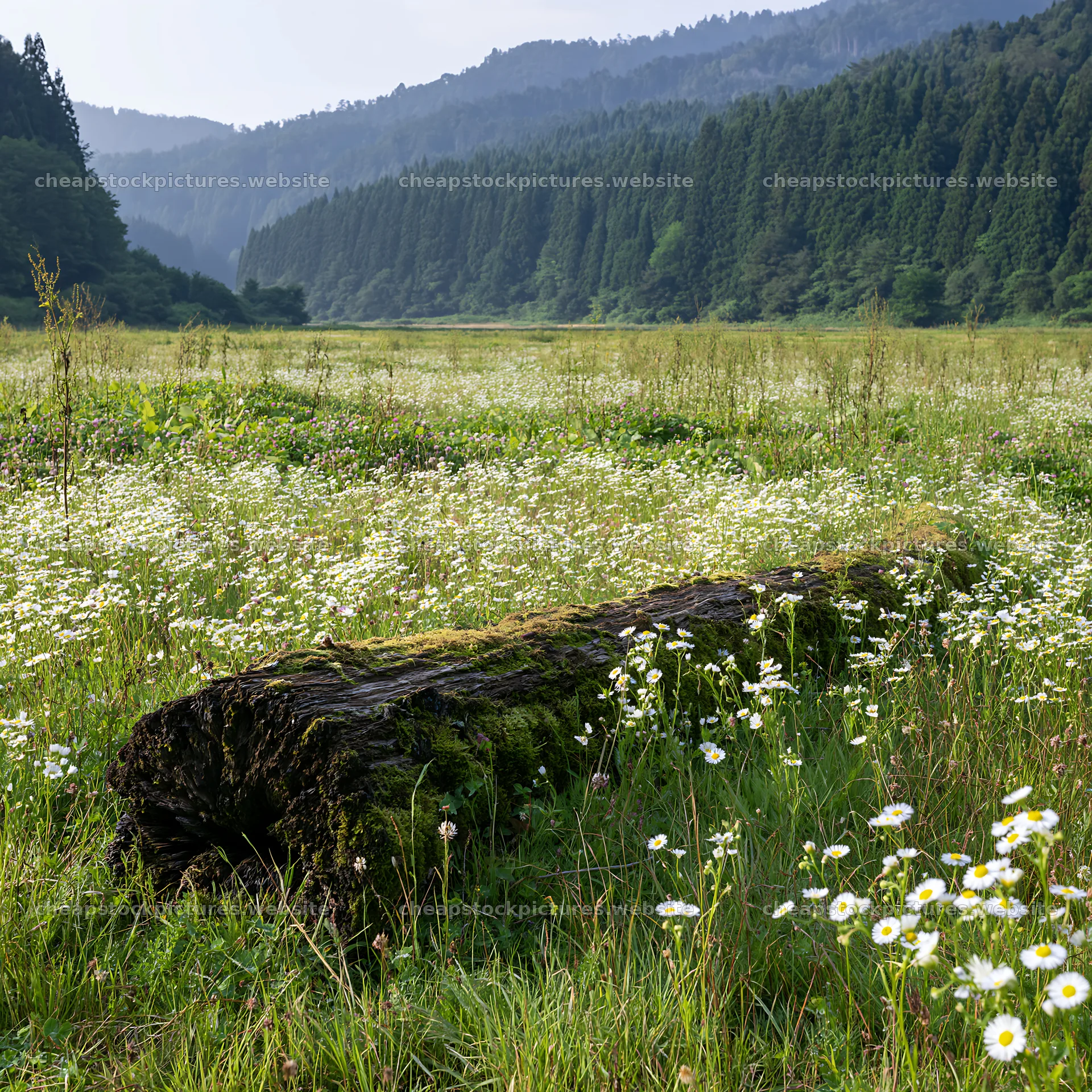 Gifu low carbon meadow with mossy log and wildflowers – stock pictures 7938x7938