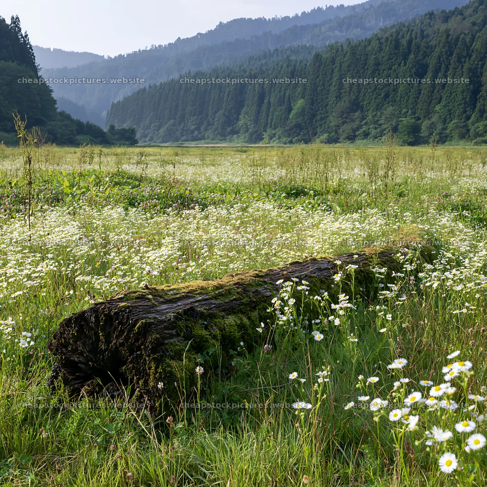 Gifu low carbon meadow with mossy log and wildflowers – stock pictures 7938x7938