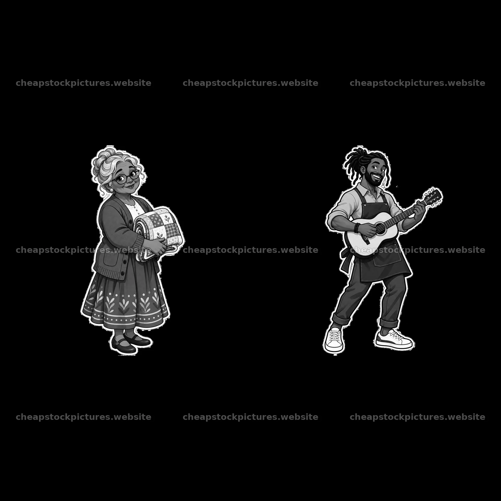 Woman with an accordion and man playing guitar in black and white – stock pictures 7746x7746