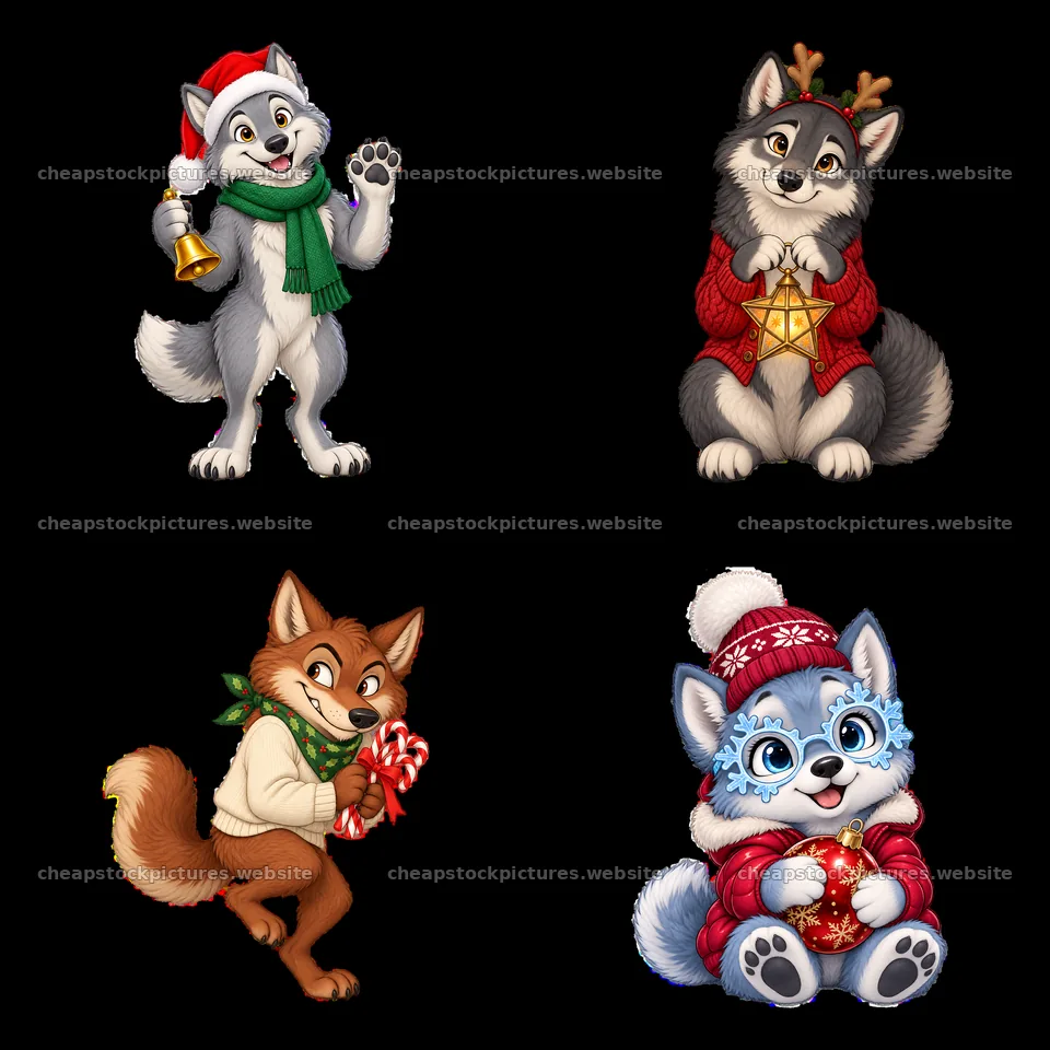 Christmas wolves in festive outfits with holiday accessories – stock pictures 7746x7746