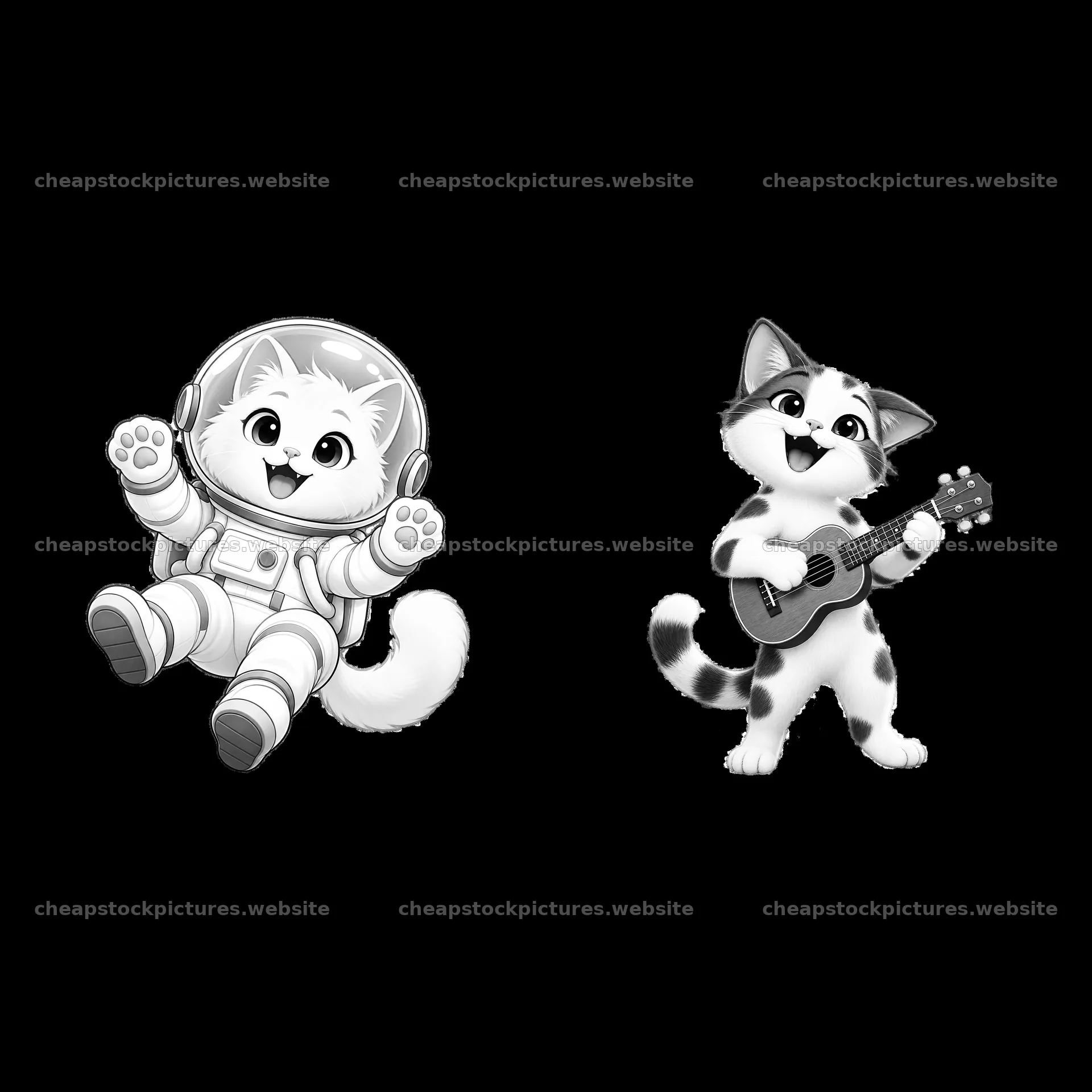 Cat characters in space and music activities – stock pictures 7746x7746