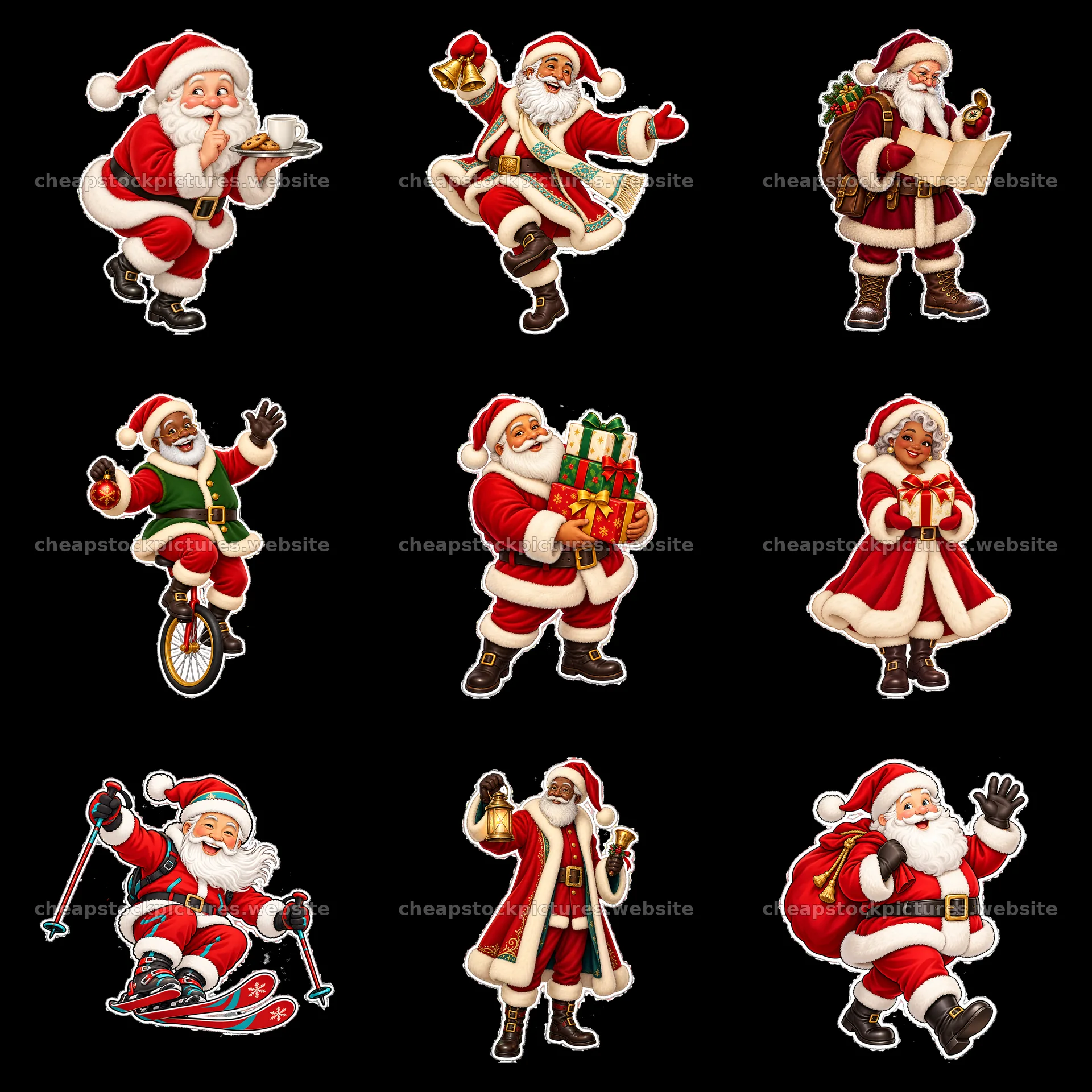 Santa Claus characters engaged in various festive activities – stock pictures 7746x7746