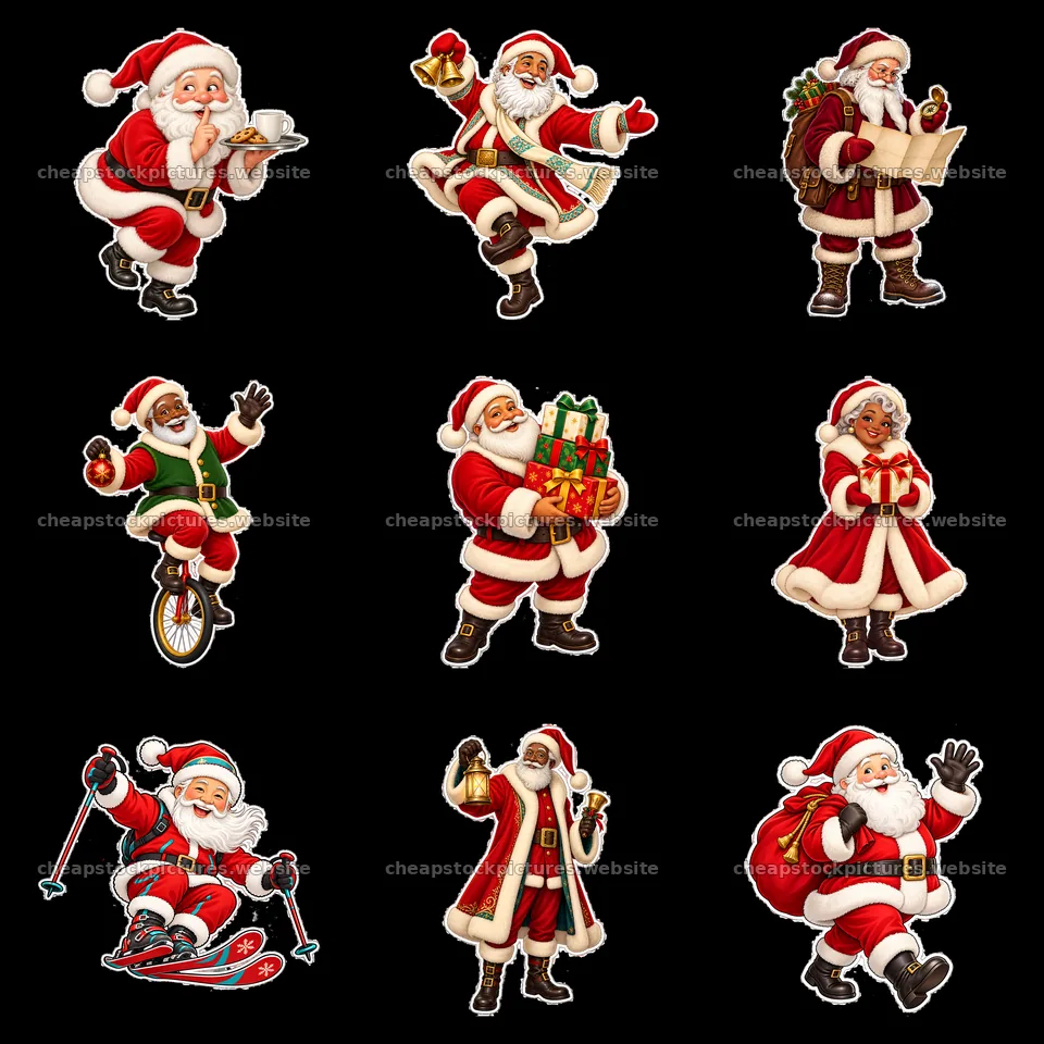 Santa Claus characters engaged in various festive activities – stock pictures 7746x7746