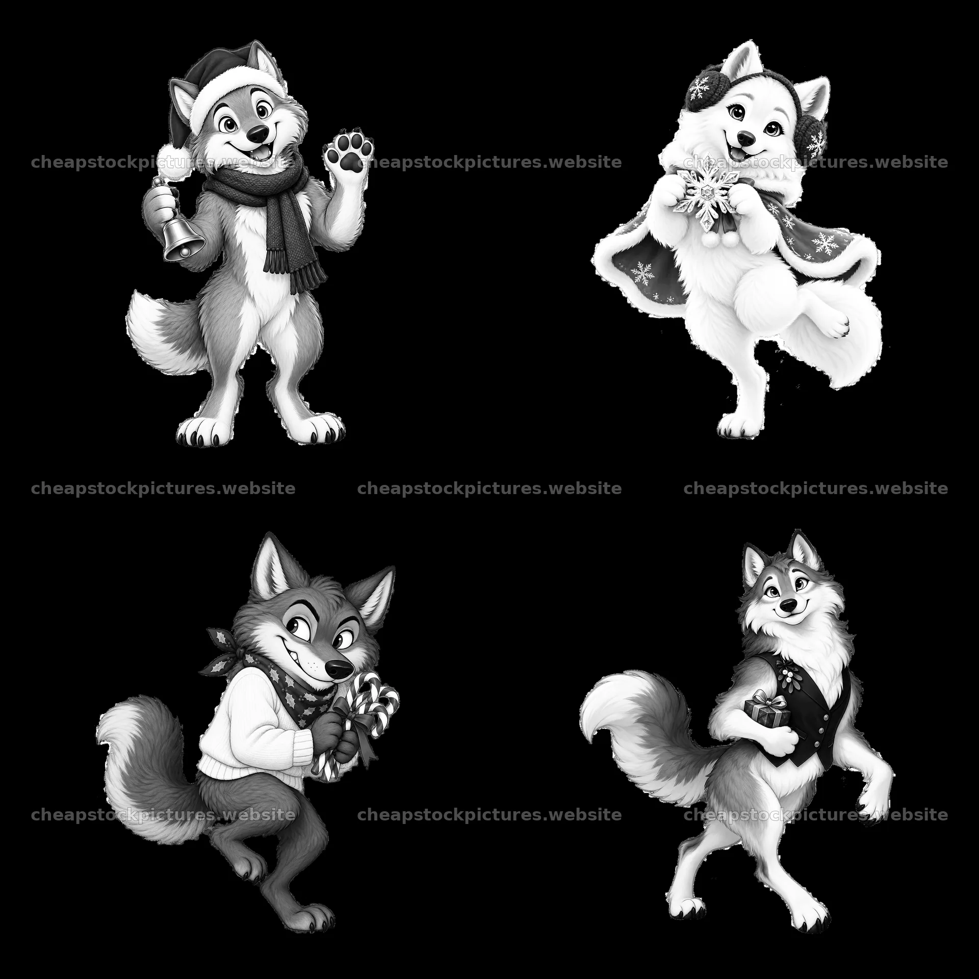 Christmas wolves celebrating with festive accessories – stock pictures 7746x7746