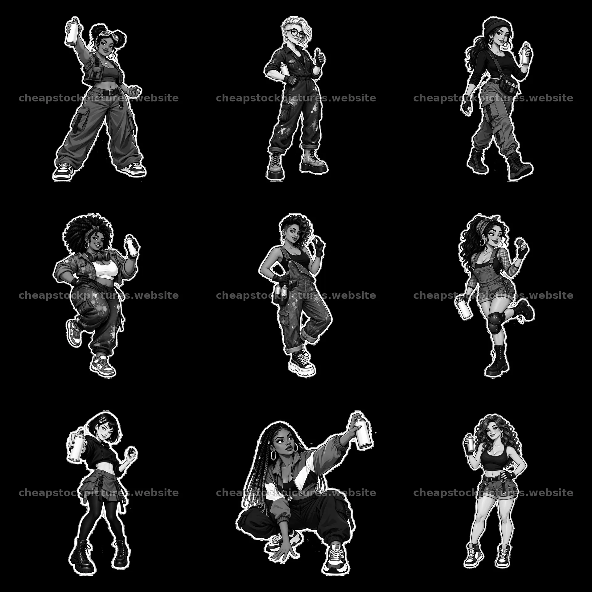 Sexy female graffiti sprayers in a monochrome cartoon style layout – stock pictures 7746x7746