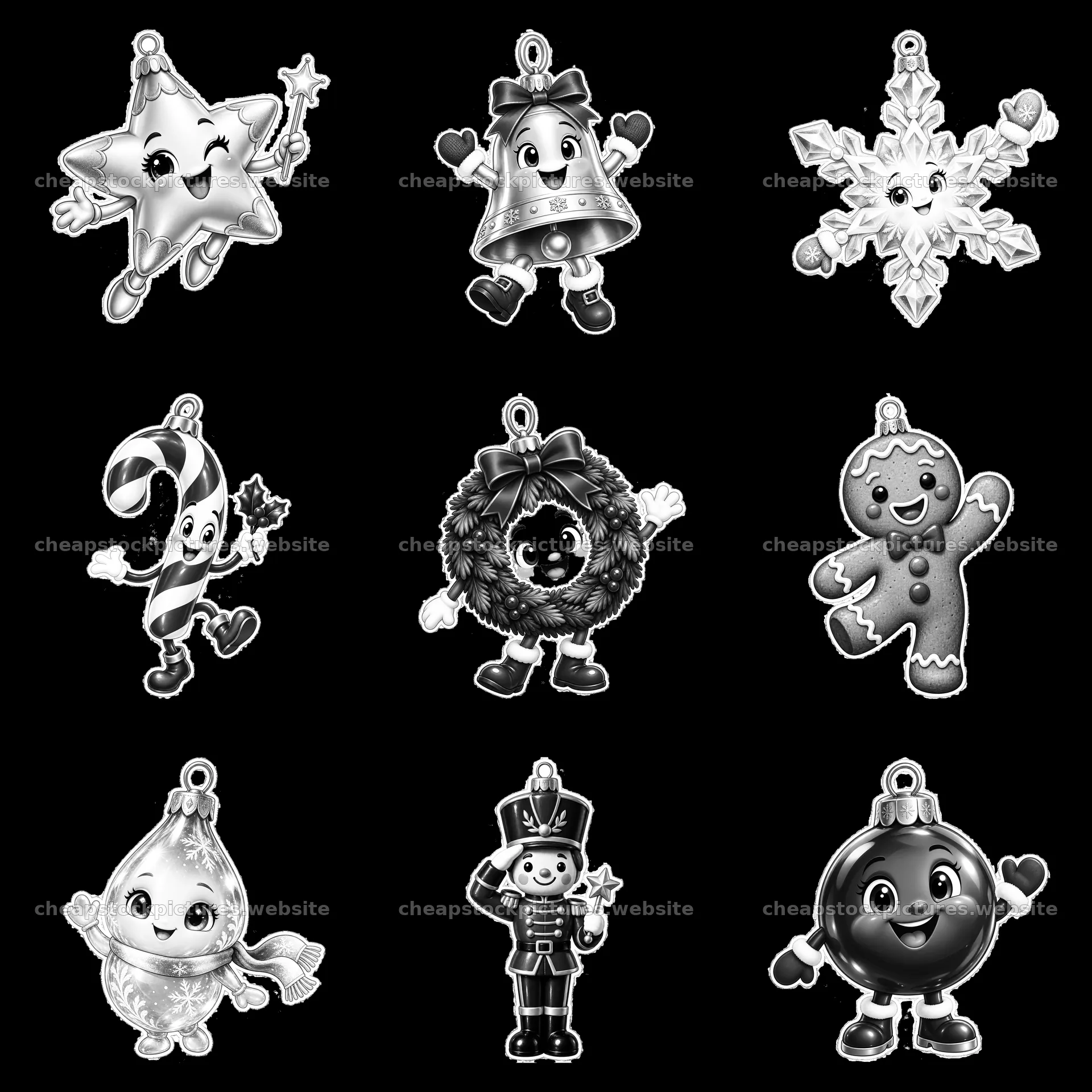 Cartoon Christmas ornaments featuring characters in a 3x3 grid – stock pictures 7746x7746