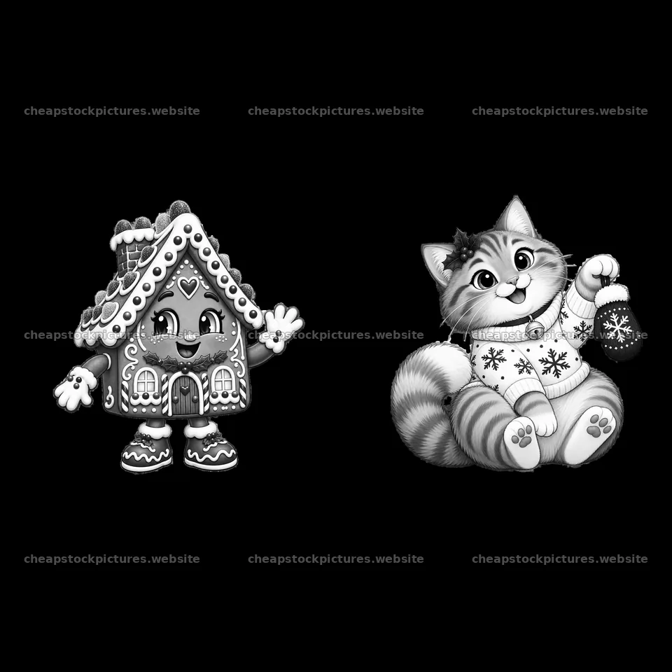 Christmas house and cat in winter outfits – stock pictures 7746x7746