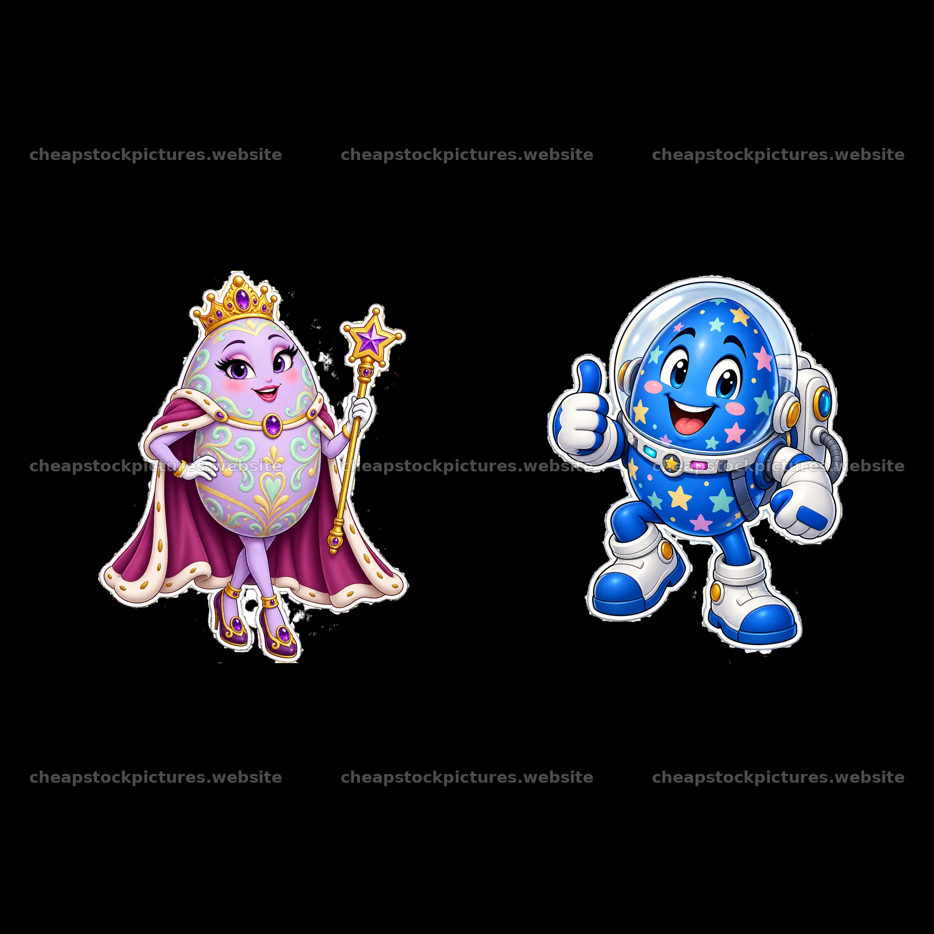 King and queen Easter eggs in festive cartoon design – stock pictures 7746x7746