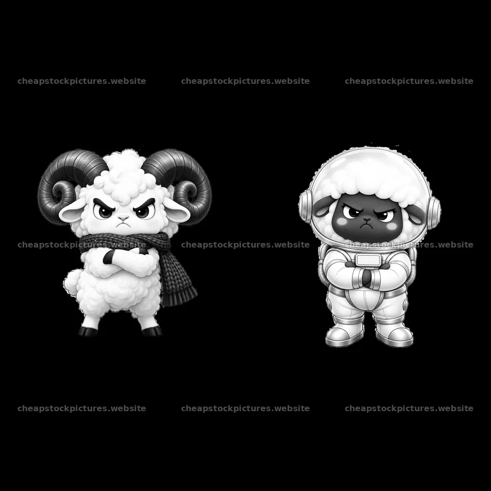 Kawaii grumpy sheep with scarf and space suit sticker pair – stock pictures 7746x7746