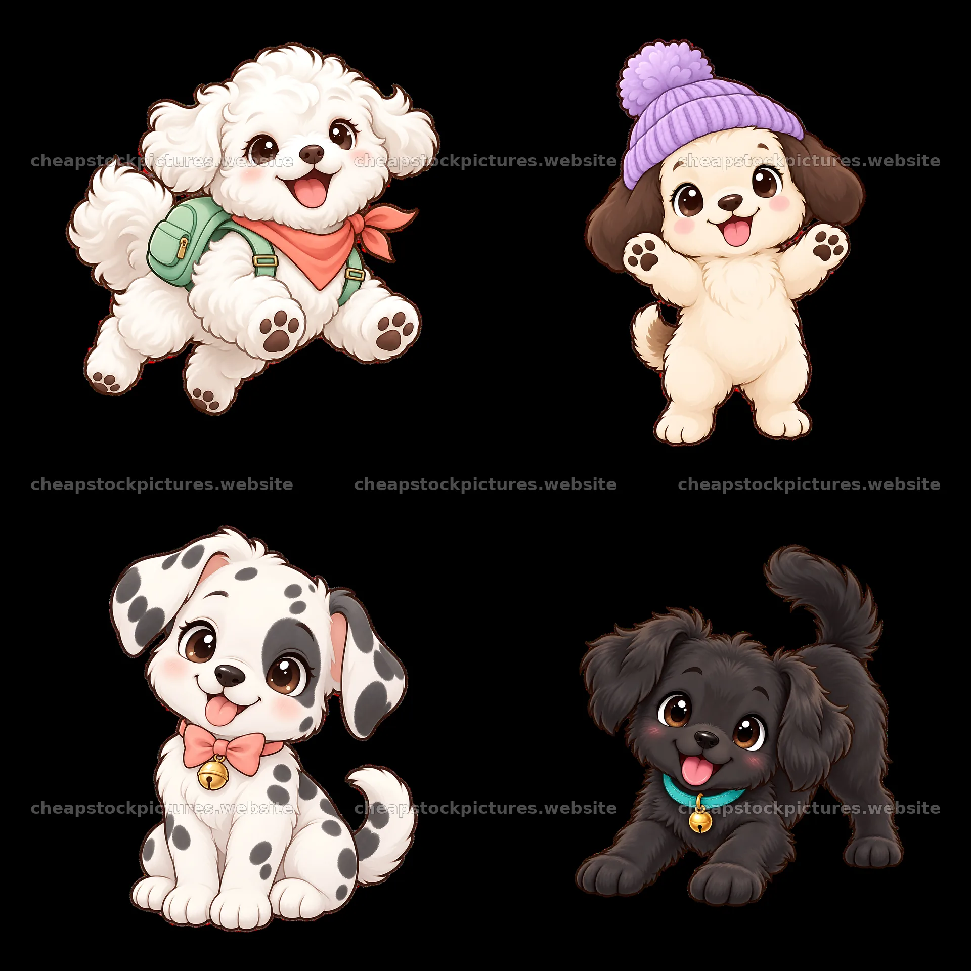 Cartoon stickers of four cute dogs in playful poses – stock pictures 7746x7746