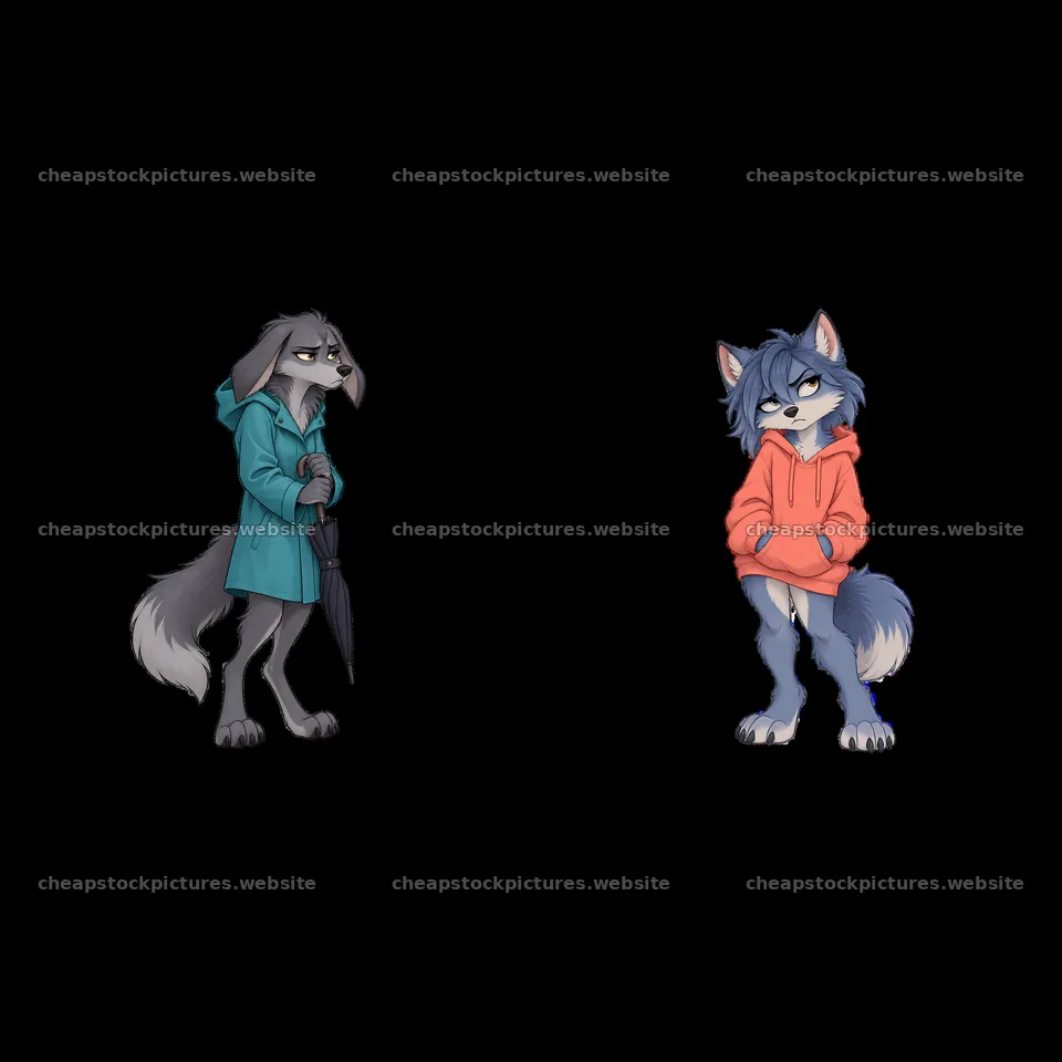 Grumpy wolf characters in hoodies with colorful rain gear – stock pictures 7746x7746