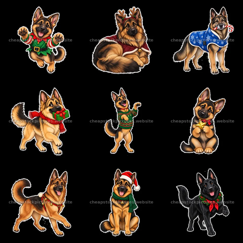 German Shepherds in festive attire with holiday accessories – stock pictures 7746x7746