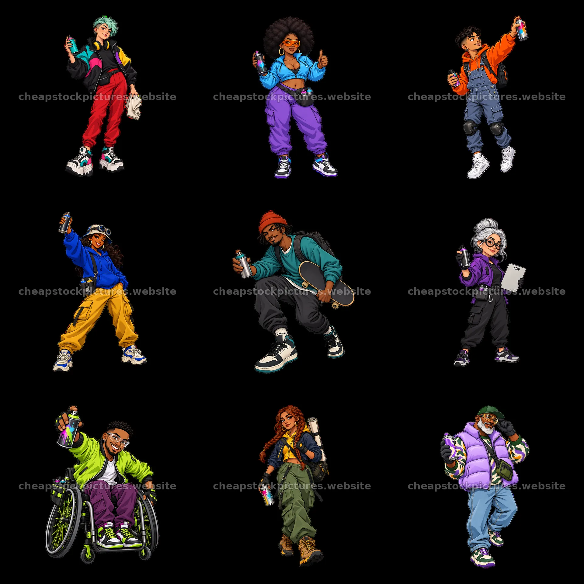 Streetwear style graffiti sprayers in a 3x3 grid illustration – stock pictures 7746x7746