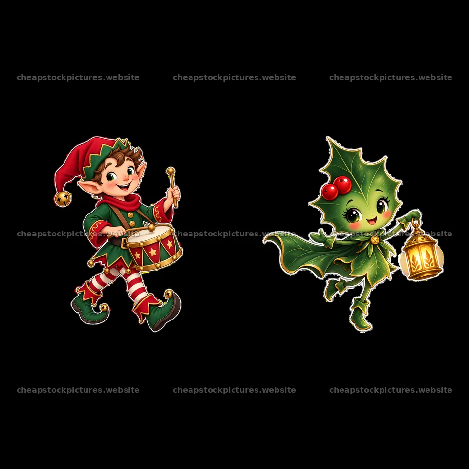 Christmas elf playing a drum and holly character with a lantern – stock pictures 7746x7746