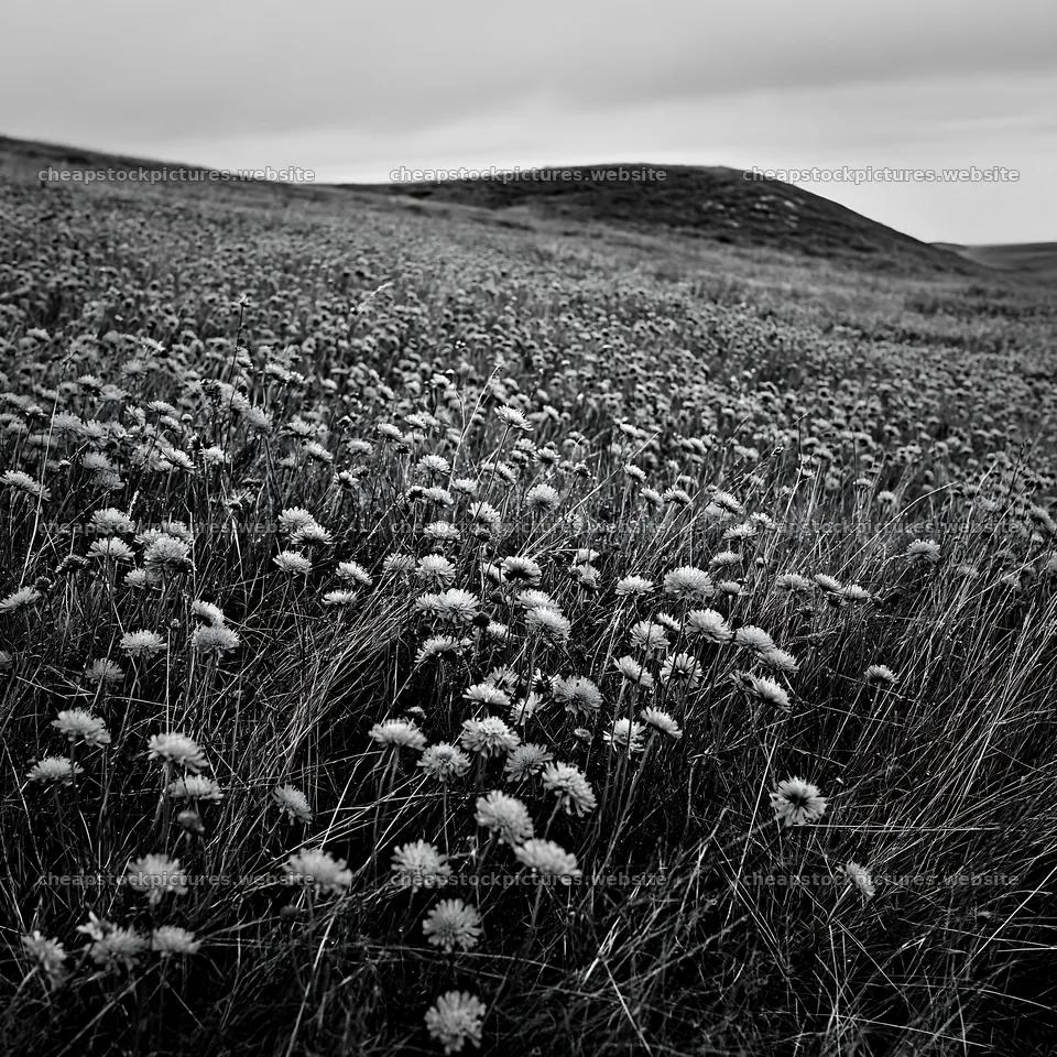 Cloudy scabious meadow on a chalk slope in black and white – stock pictures 7938x7938