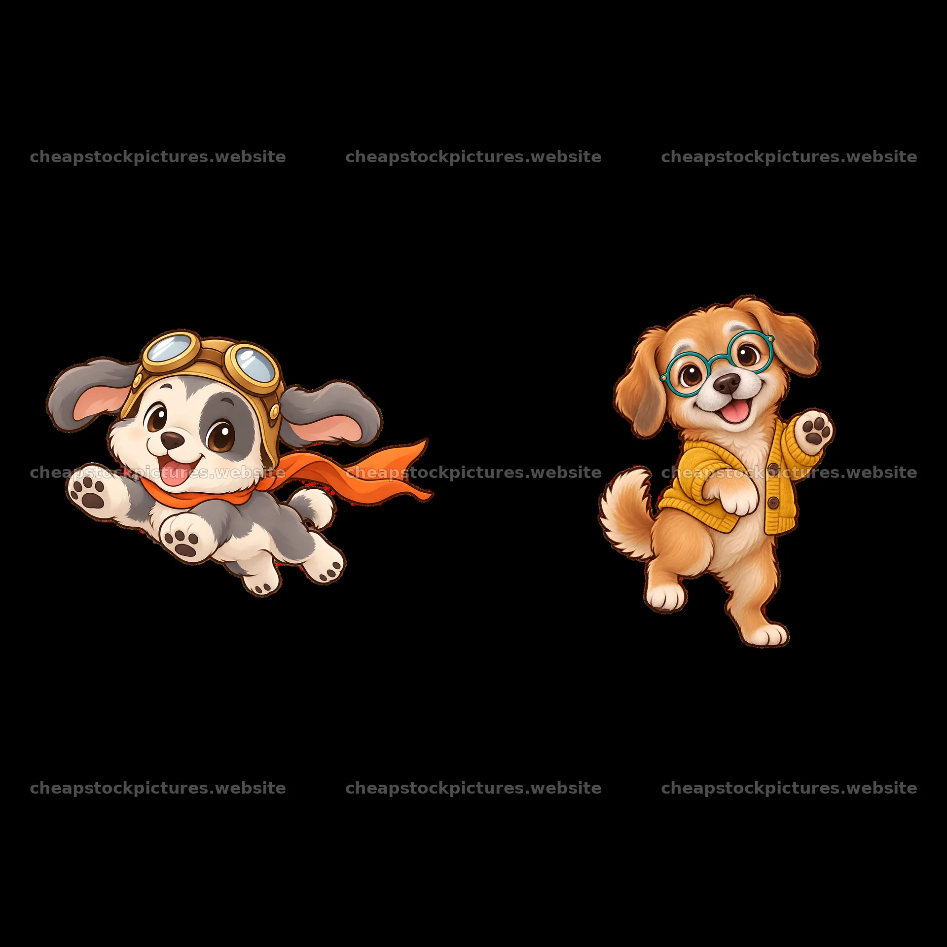 Two cute dogs with accessories in a playful cartoon style – stock pictures 7746x7746