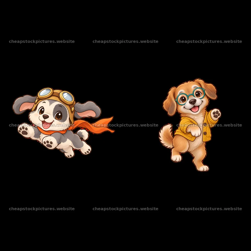 Two cute dogs with accessories in a playful cartoon style – stock pictures 7746x7746