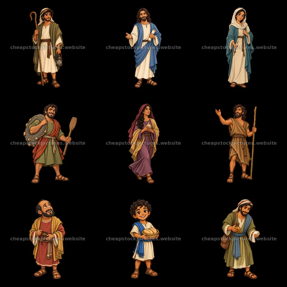 Cartoon figures of Jesus and biblical characters in 3x3 grid – stock pictures 7746x7746