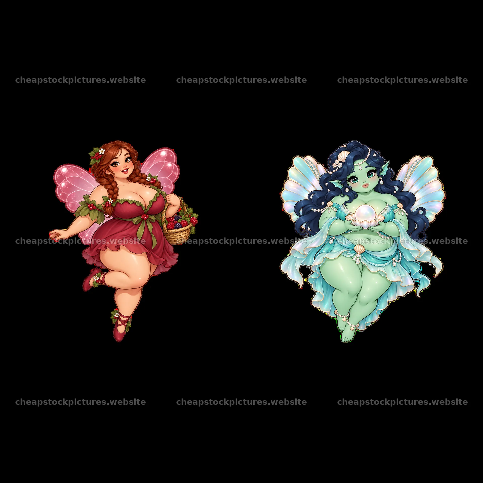 Kawaii ultra-fat fairies in colorful outfits holding accessories – stock pictures 7746x7746