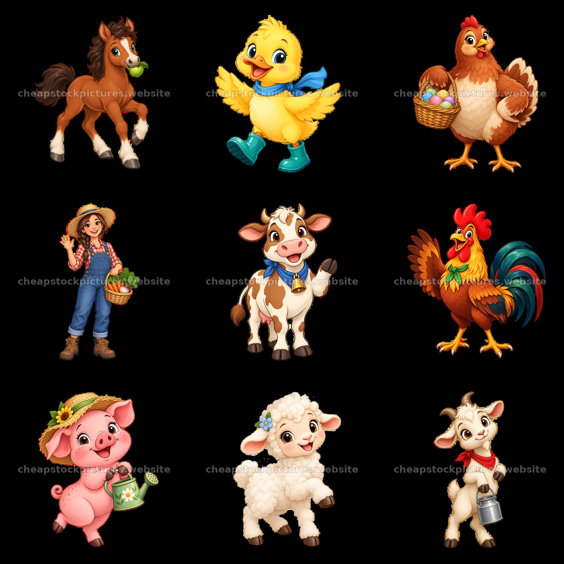 Farm animals and characters in a 3x3 cartoon sticker layout – stock pictures 7746x7746