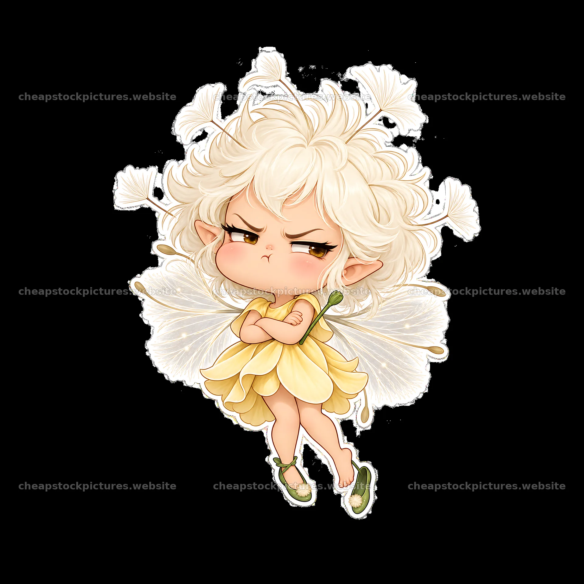 Kawaii grumpy fairy with white hair and flower wings – stock pictures 7746x7746