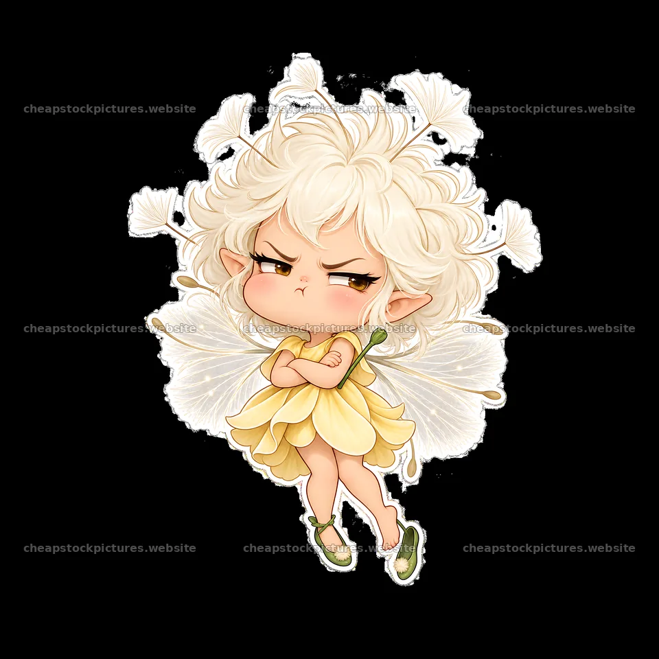 Kawaii grumpy fairy with white hair and flower wings – stock pictures 7746x7746