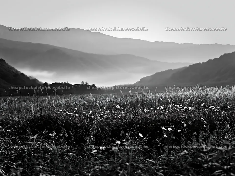Climate-resilient meadow with mountains and morning mist – stock pictures 9174x6866