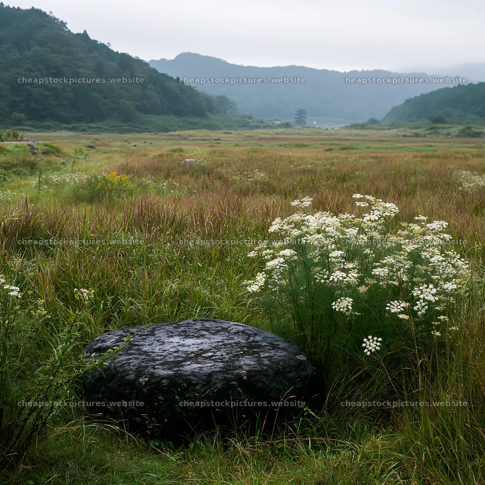 Hiroshima rainy meadow smooth rock foreground – stock pictures 7938x7938