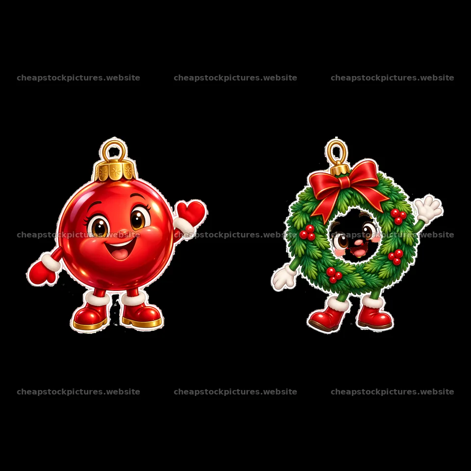 Cheerful cartoon Christmas ornaments, red ball and green wreath – stock pictures 7746x7746