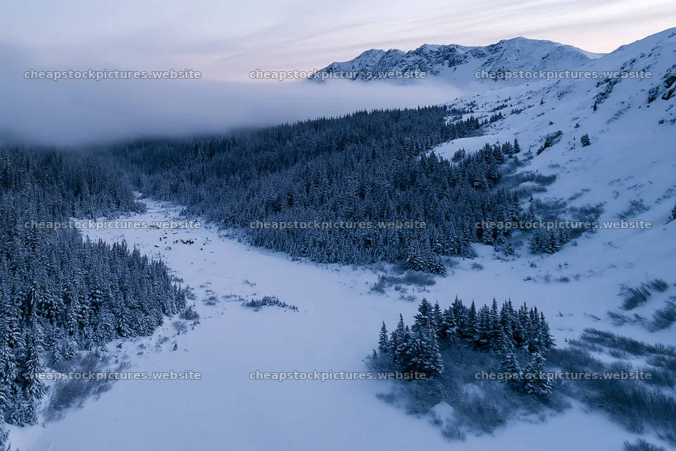 Snowy meadow valley with mountains and trees – stock pictures 9722x6480