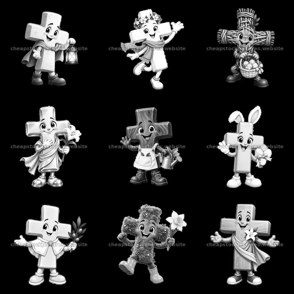 Easter cross cartoon characters in a 3x3 grid layout – stock pictures 7746x7746