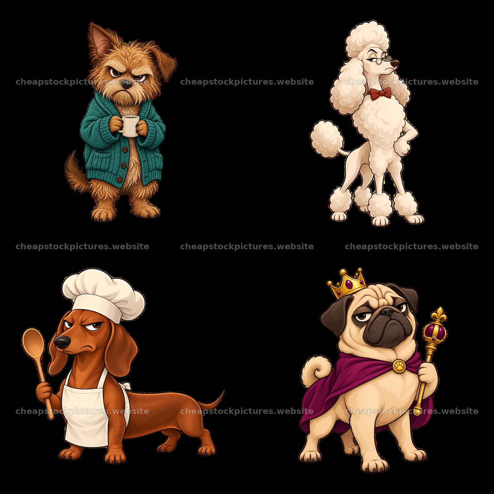 Grumpy dog cartoon stickers featuring four distinct characters – stock pictures 7746x7746