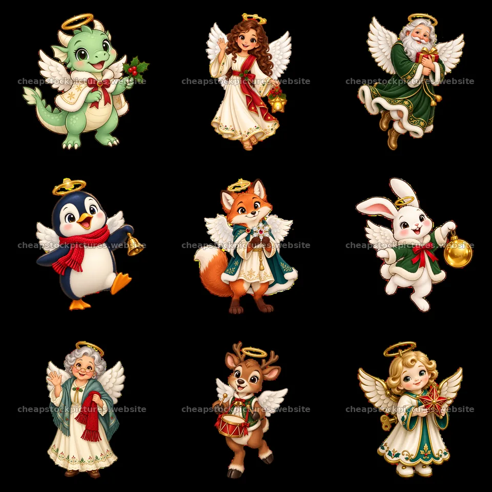 Christmas angel and animal characters celebrating around a tree – stock pictures 7746x7746