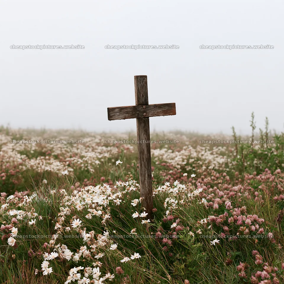 Christian cross in a meadow with flowers during Christmas season – stock pictures 7938x7938