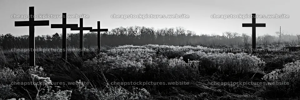 Four Christian crosses in winter meadow – stock pictures 13690x4602