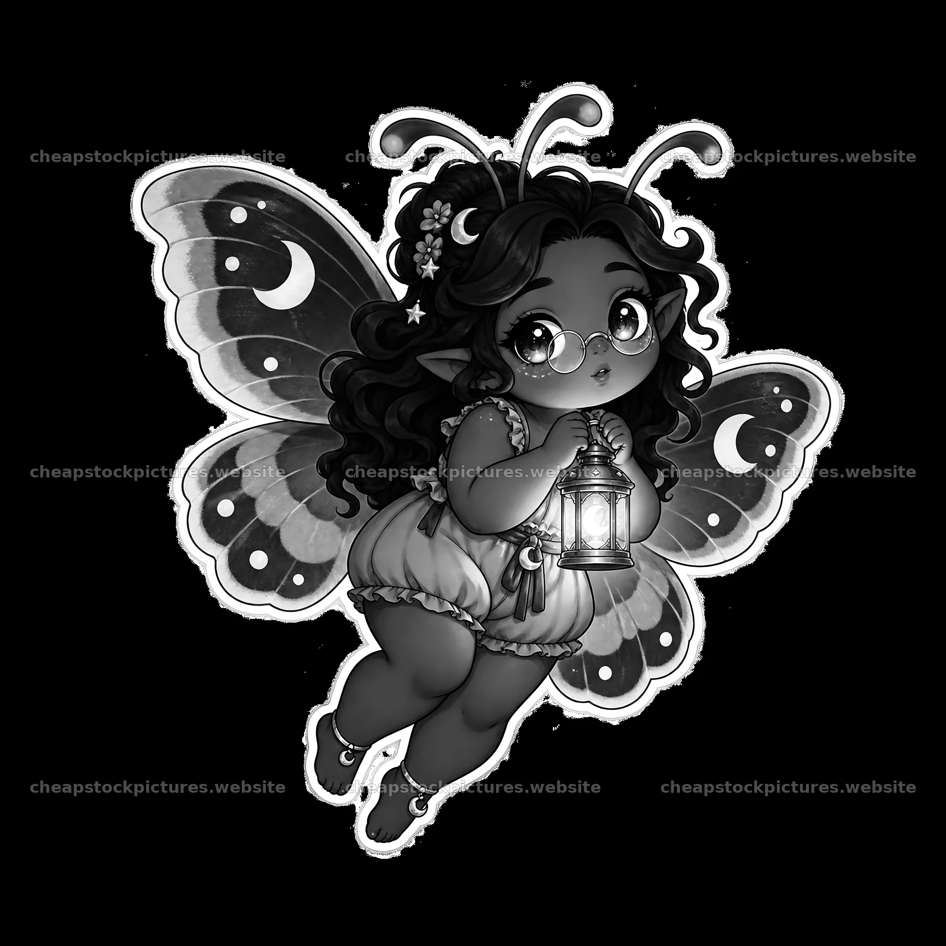 Kawaii chubby fairy holding a lantern with butterfly wings – stock pictures 7746x7746