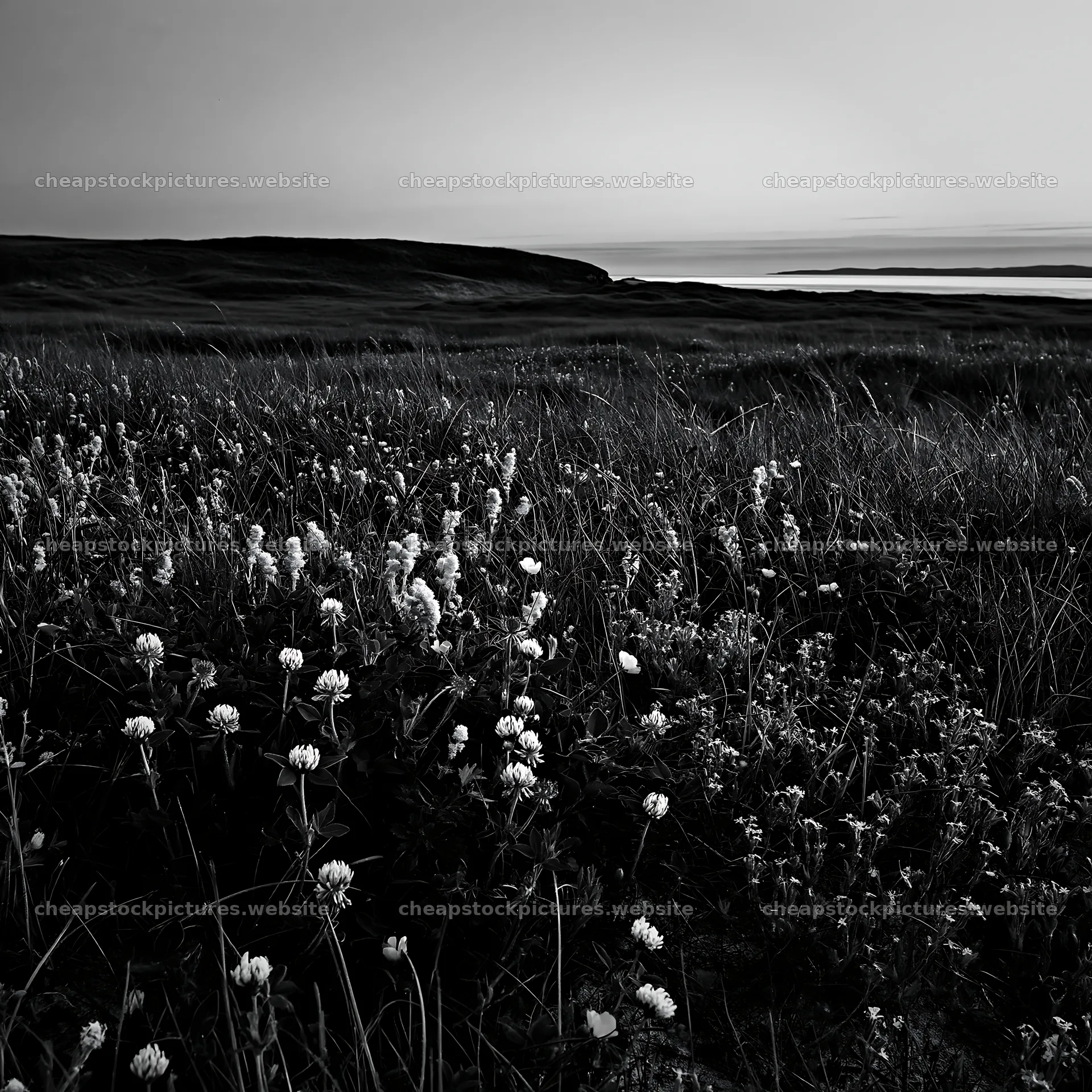 Regenerative meadow with wildflowers at dusk in black and white – stock pictures 7938x7938