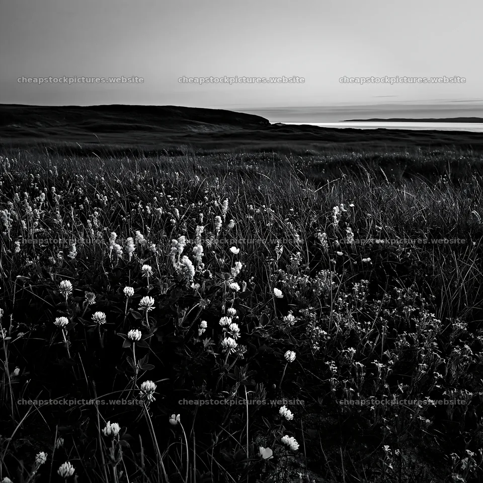 Regenerative meadow with wildflowers at dusk in black and white – stock pictures 7938x7938
