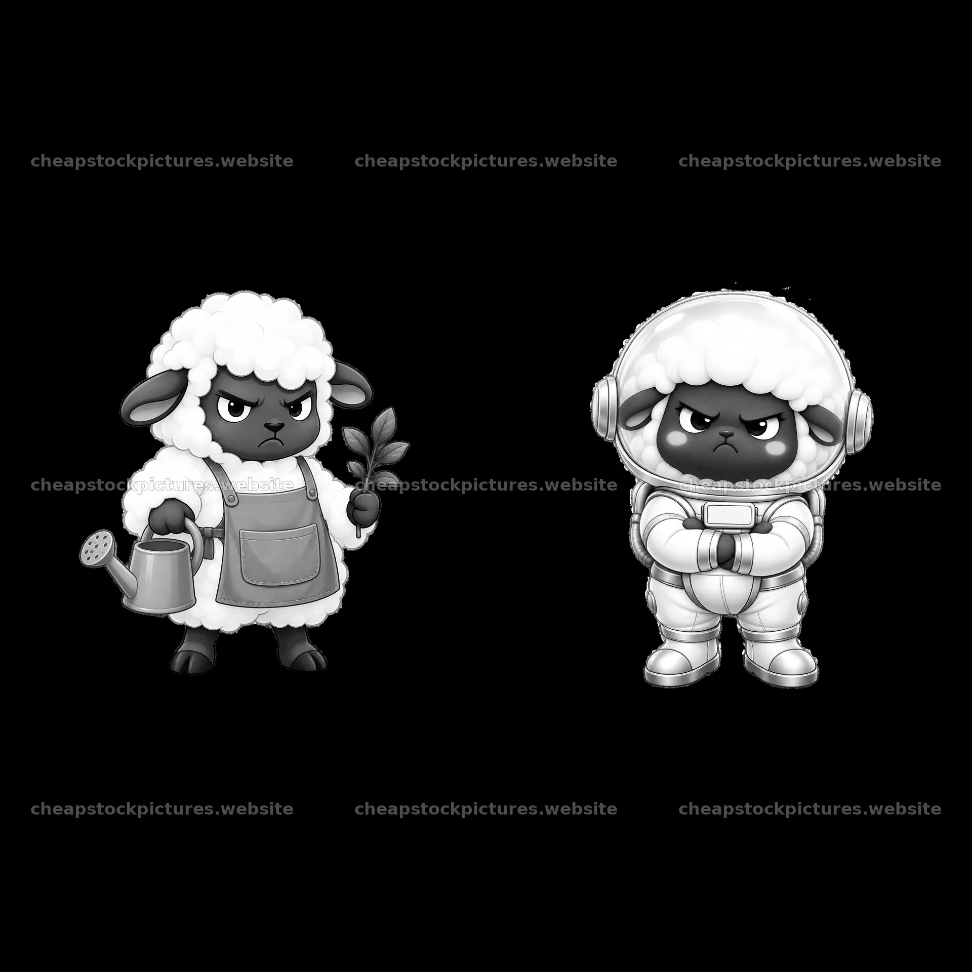 Kawaii grumpy sheep holding a watering can and wearing a spacesuit – stock pictures 7746x7746