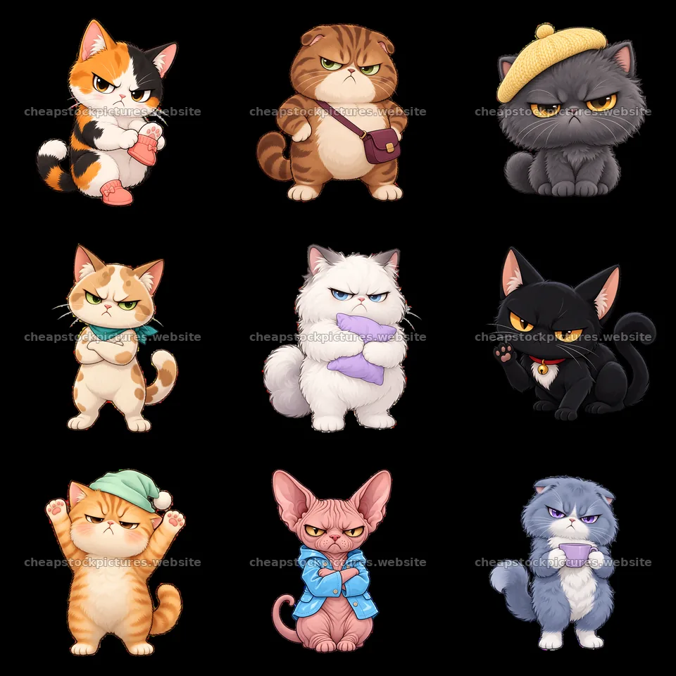 Kawaii grumpy cats in playful poses with colorful accessories – stock pictures 7746x7746